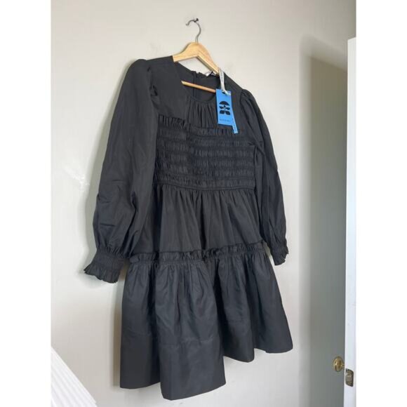 NWT Hunter Bell Arley Smocked Full Skirt Ruffle Puffed-Sleeve Black Mini Dress - Picture 3 of 8